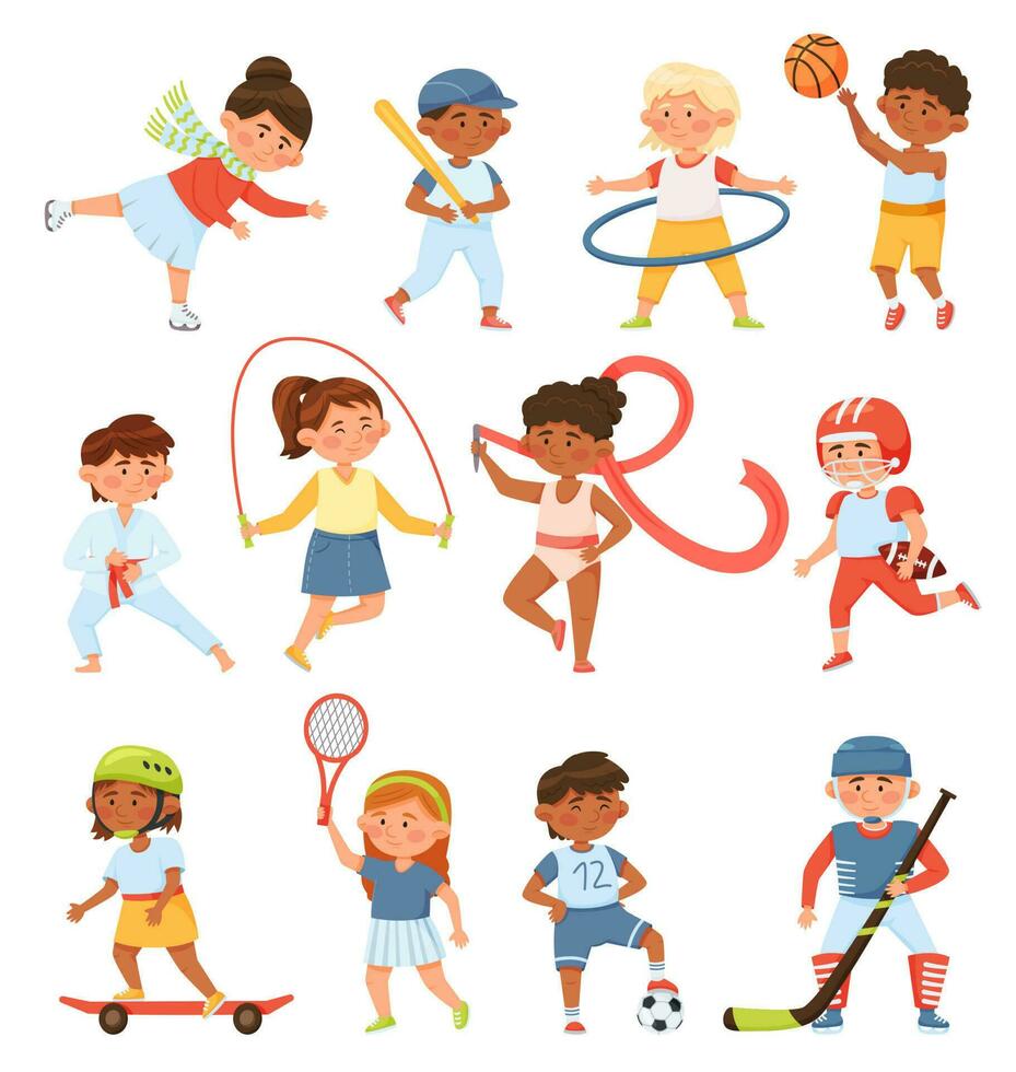 cartoon children exercising and do sport with ball or rope vector